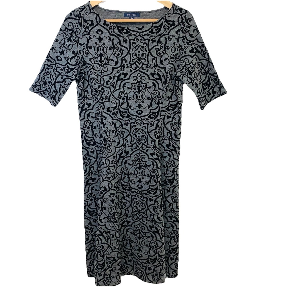 Lands End Career Dress Small‎  Gray Black Velvet Floral Sheath Business Office